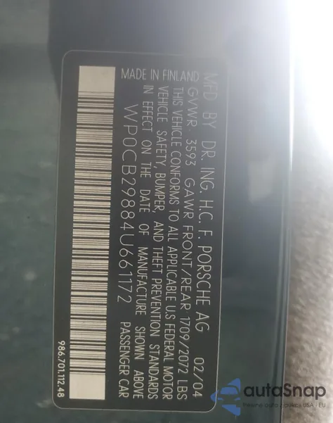 2004 Porsche Boxster S из США, поврежденный, VIN WP0CB29884U661172